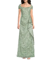 JS Collections Blossom Embroidered Organza Sweetheart Neckline Short Sleeve Cascade Detail Gown