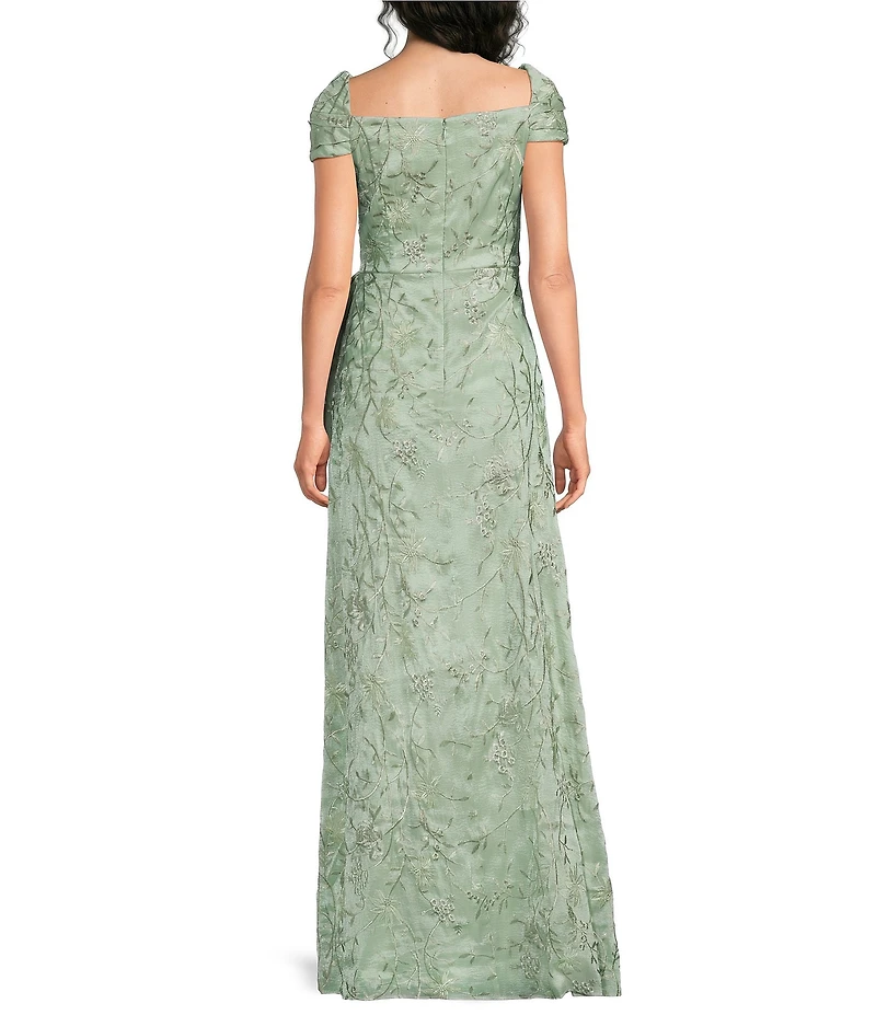 JS Collections Blossom Embroidered Organza Sweetheart Neckline Short Sleeve Cascade Detail Gown