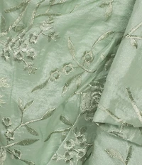 JS Collections Blossom Embroidered Organza Sweetheart Neckline Short Sleeve Cascade Detail Gown