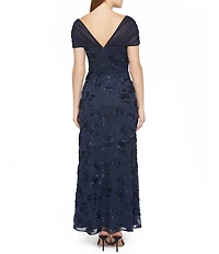 JS Collections Carolina Soutache Mesh V-Neck Short Sleeve Sheath Gown