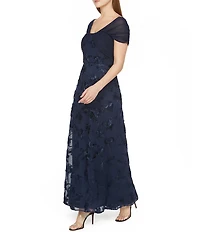 JS Collections Carolina Soutache Mesh V-Neck Short Sleeve Sheath Gown