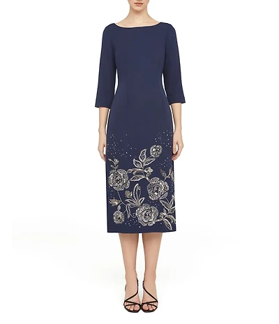 JS Collections Delilah Floral Beaded Detail Stretch Crepe Boat Neck 3/4 Sleeve Midi Dress