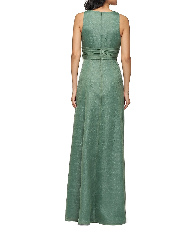 JS Collections Della V-Neck Pleated Bodice 3D Floral Applique Organza Aline Gown