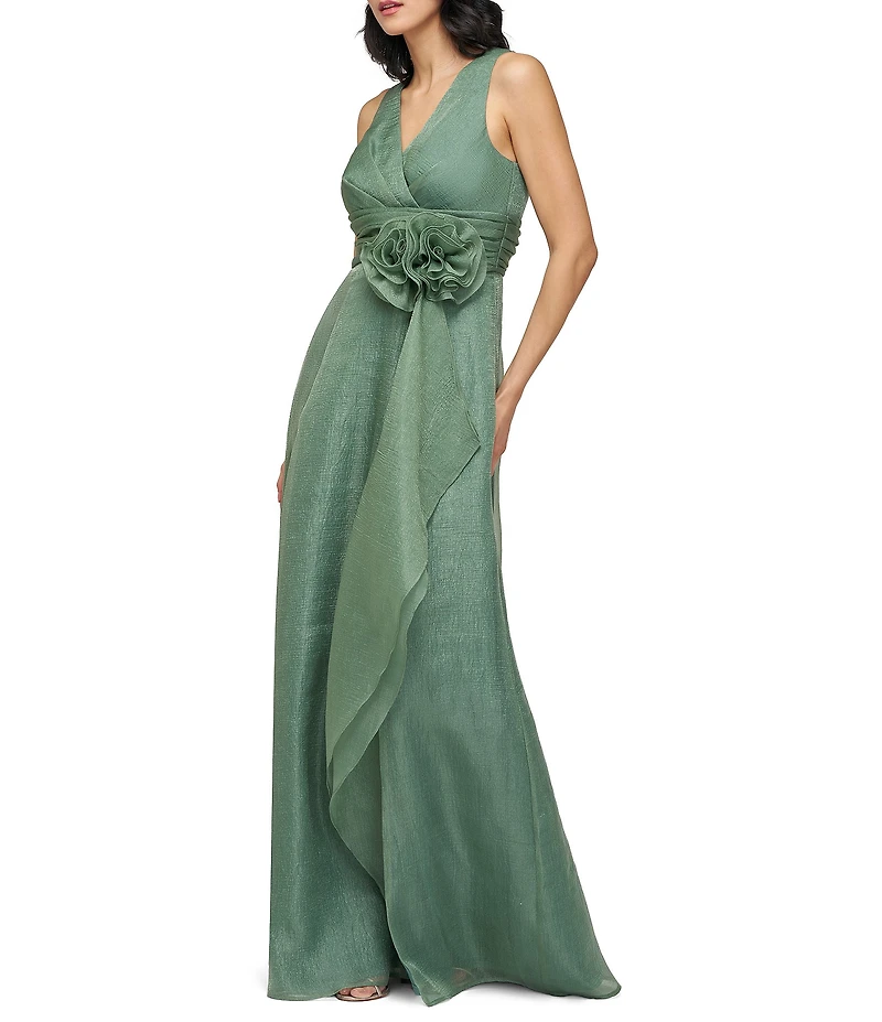 JS Collections Della V-Neck Pleated Bodice 3D Floral Applique Organza Aline Gown