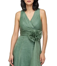 JS Collections Della V-Neck Pleated Bodice 3D Floral Applique Organza Aline Gown