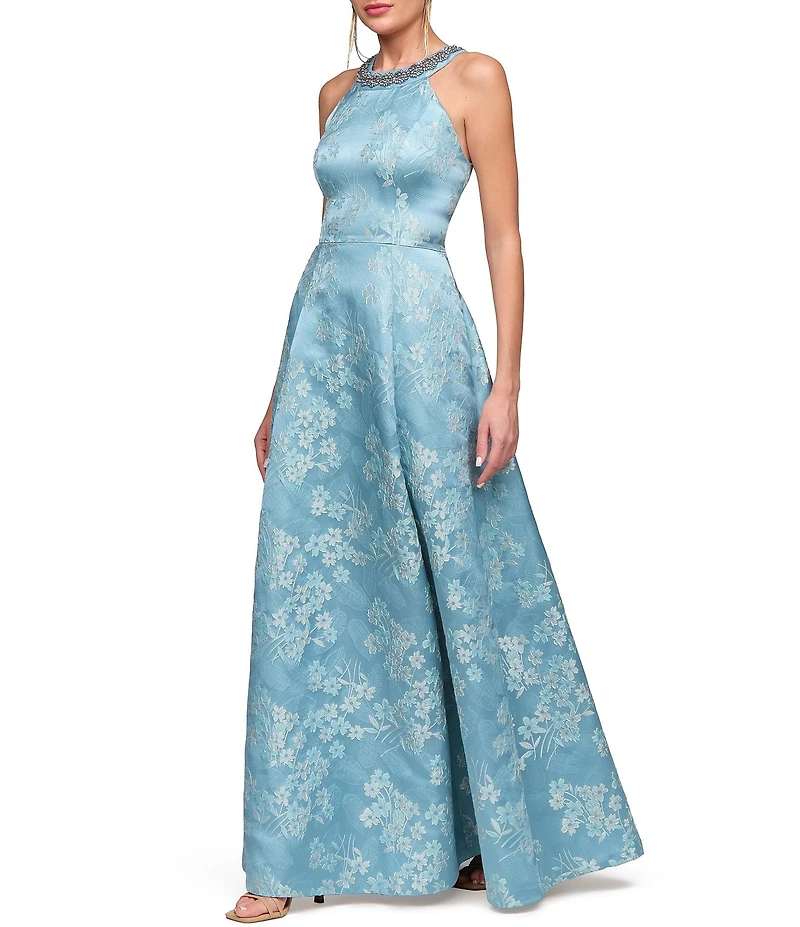 JS Collections Donatella Halter Jacquard A Line Gown