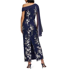 JS Collections Elisa Asymmetrical Neck Drape Scarf Shoulder Embroidered Mesh Column Gown