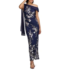 JS Collections Elisa Asymmetrical Neck Drape Scarf Shoulder Embroidered Mesh Column Gown