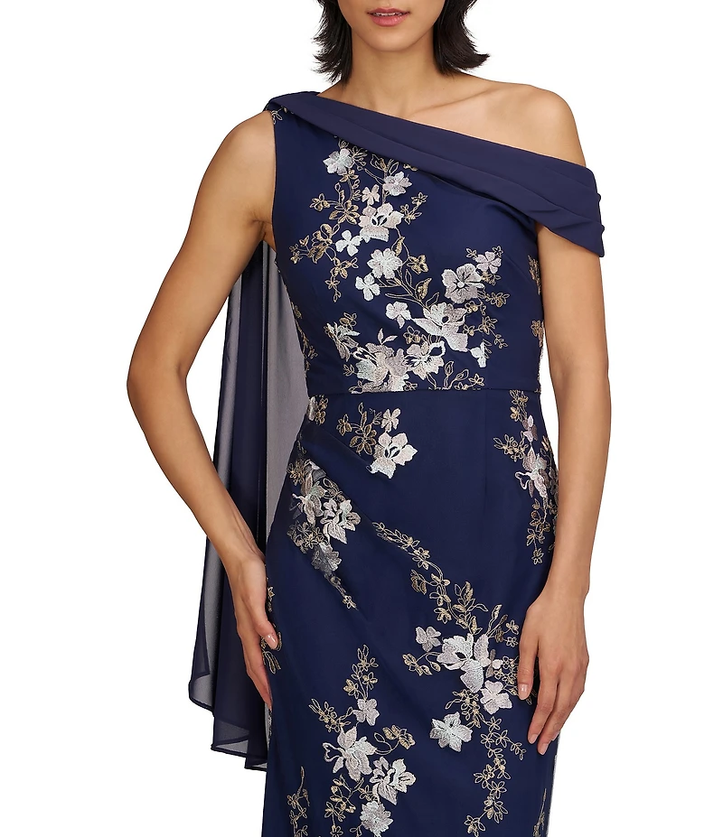 JS Collections Elisa Asymmetrical Neck Drape Scarf Shoulder Embroidered Mesh Column Gown