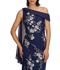 JS Collections Elisa Asymmetrical Neck Drape Scarf Shoulder Embroidered Mesh Column Gown