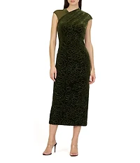 JS Collections Emiliana Asymmetrical Neckline Embroidered Velvet Sheath Midi Dress
