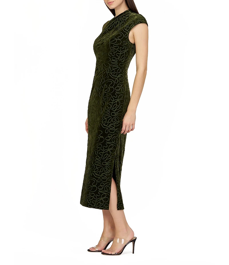 JS Collections Emiliana Asymmetrical Neckline Embroidered Velvet Sheath Midi Dress