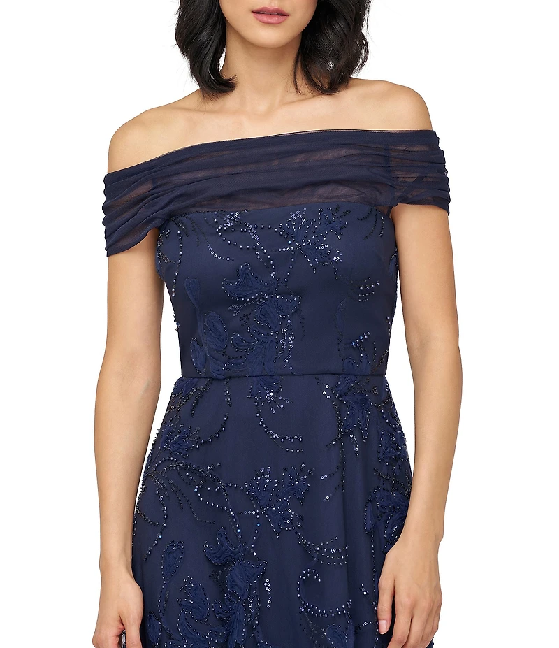 JS Collections Gemma Off-The-Shoulder Beaded Pearl Soutache Mesh A-Line Midi Dress