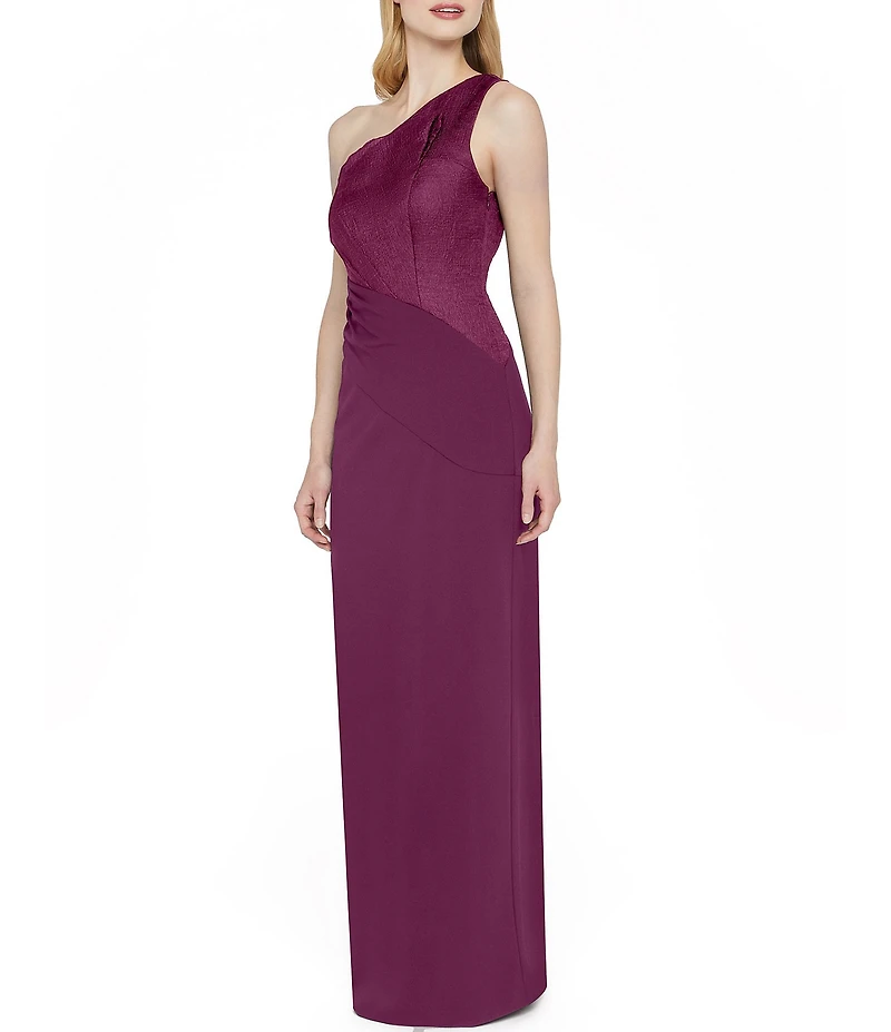 JS Collections Ingrid Mixed Media Shoulder Column Gown