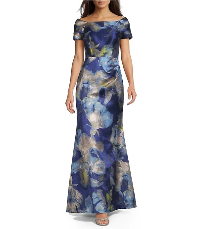 JS Collections Jacquard Floral Print Off-The-Shoulder A-Line Gown