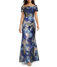 JS Collections Jacquard Floral Print Off-The-Shoulder A-Line Gown