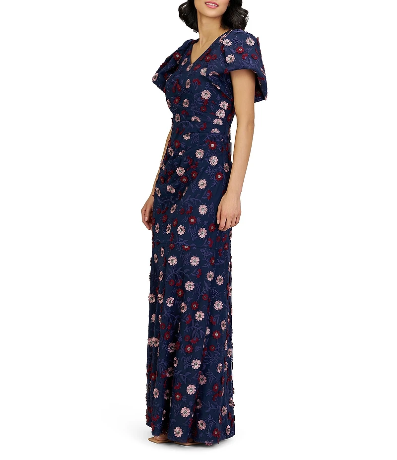 JS Collections Jade 3D Floral Embroidered Mesh V-Neck Puff Sleeve Mermaid Gown