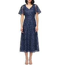 JS Collections Jess V-Neck Illusion Flutter Sleeve Embroidered Mesh A-Line Midi Dress