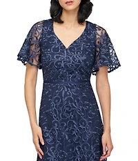 JS Collections Jess V-Neck Illusion Flutter Sleeve Embroidered Mesh A-Line Midi Dress