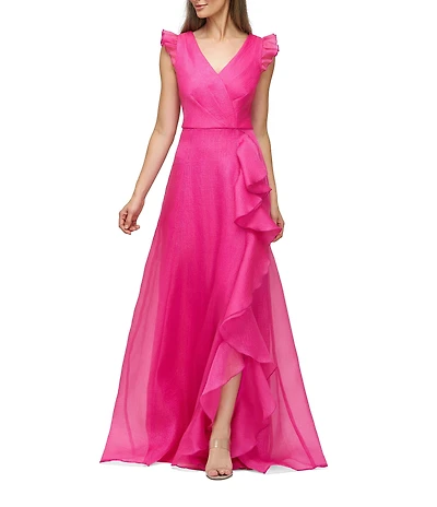 JS Collections Julie Double V-Neck Ruffle Front Organza A-Line Gown