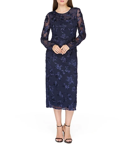 JS Collections Kori Soutache Mesh Crew Neck Long Illusion Sleeves Midi Dress