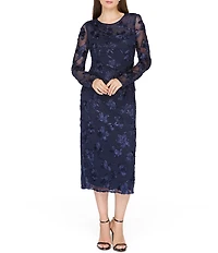 JS Collections Kori Soutache Mesh Crew Neck Long Illusion Sleeves Midi Dress