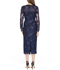 JS Collections Kori Soutache Mesh Crew Neck Long Illusion Sleeves Midi Dress