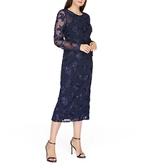 JS Collections Kori Soutache Mesh Crew Neck Long Illusion Sleeves Midi Dress