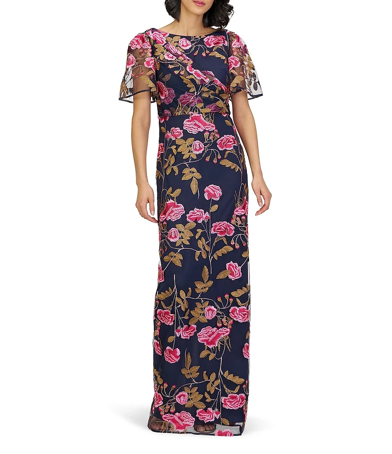 JS Collections Kristine Embroidered Mesh Floral Boat Neck Column Gown