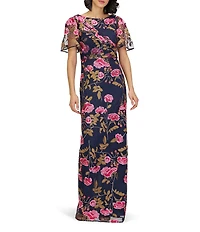 JS Collections Kristine Embroidered Mesh Floral Boat Neck Column Gown