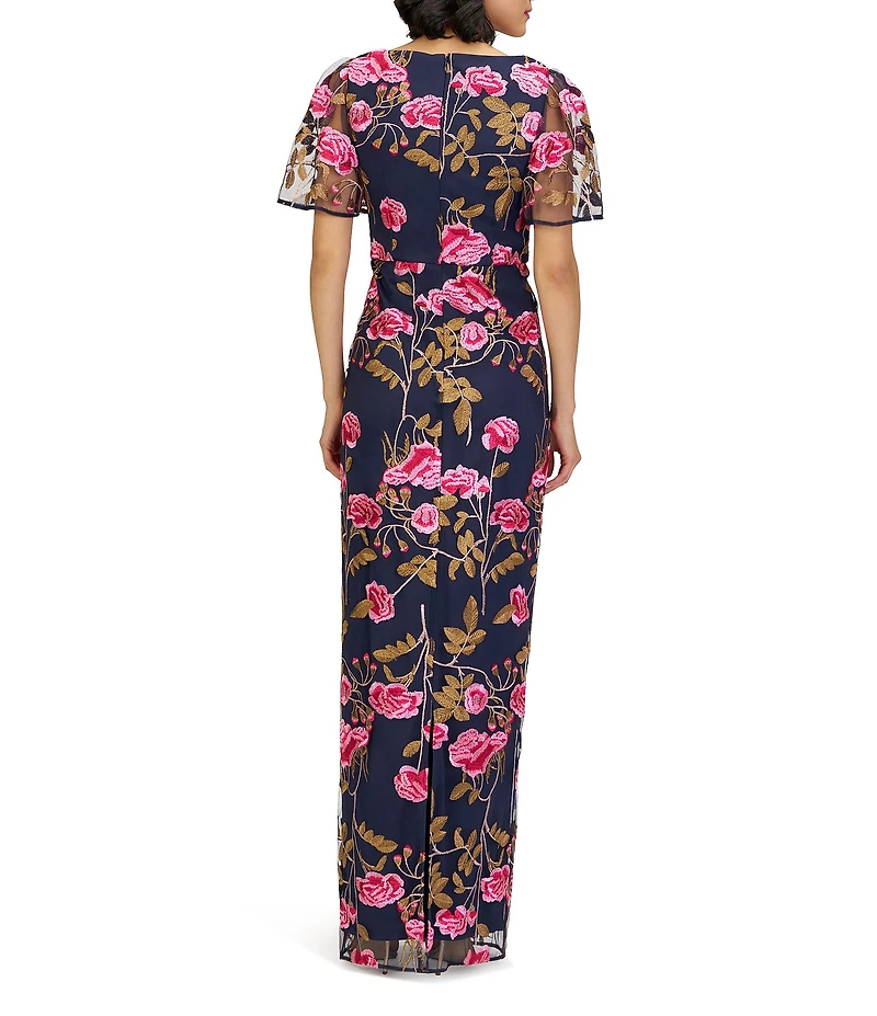 JS Collections Kristine Embroidered Mesh Floral Boat Neck Column Gown
