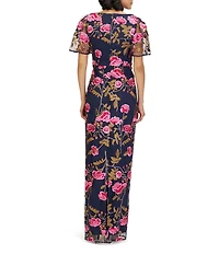 JS Collections Kristine Embroidered Mesh Floral Boat Neck Column Gown