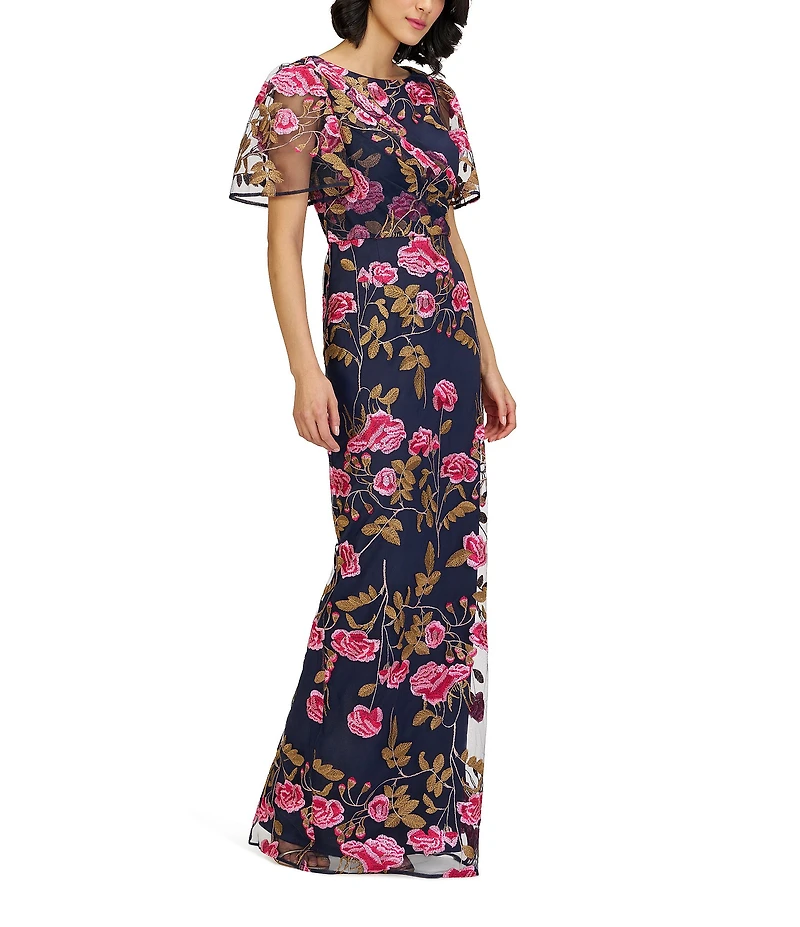 JS Collections Kristine Embroidered Mesh Floral Boat Neck Column Gown