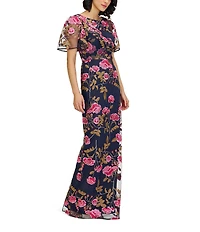 JS Collections Kristine Embroidered Mesh Floral Boat Neck Column Gown