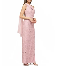 JS Collections Lace Floral Soutache Asymmetrical Neck with Chiffon Drape Back Gown