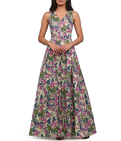 JS Collections Madge V Neck A Line Floral Field Jacquard Gown