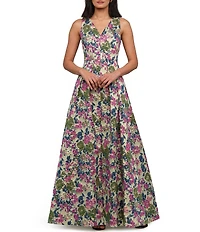 JS Collections Madge V Neck A Line Floral Field Jacquard Gown