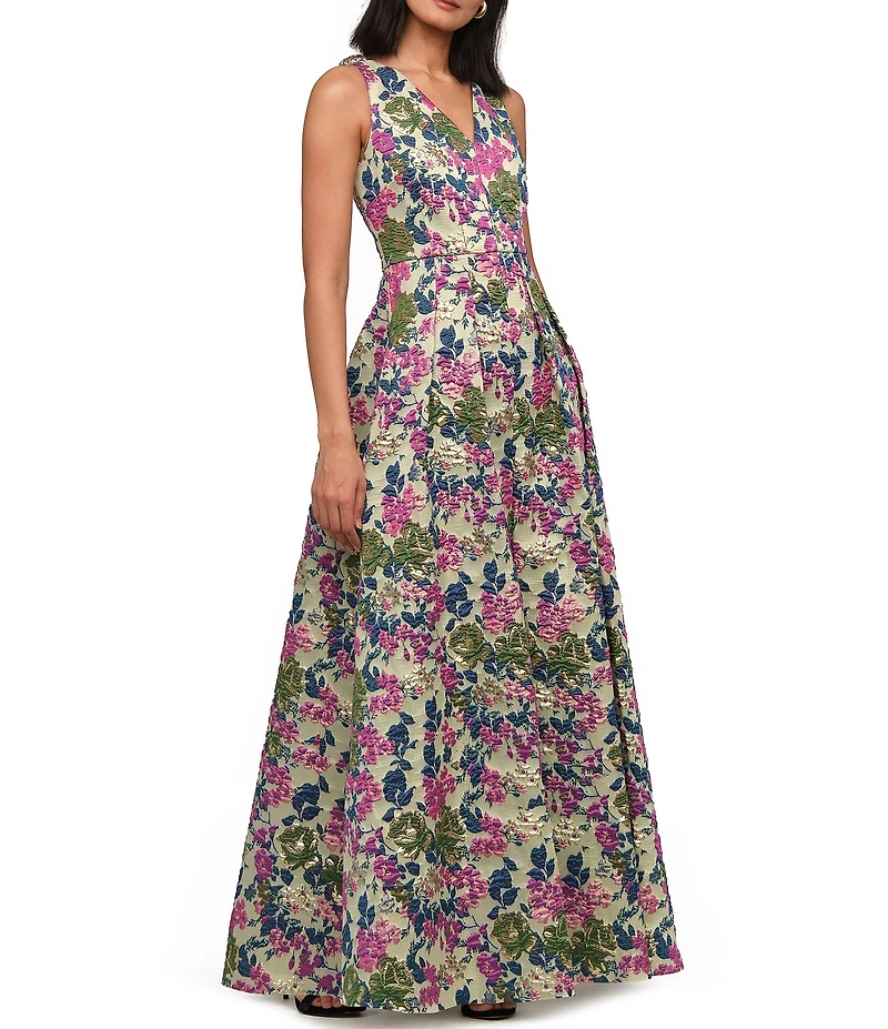 JS Collections Madge V Neck A Line Floral Field Jacquard Gown