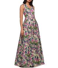JS Collections Madge V Neck A Line Floral Field Jacquard Gown