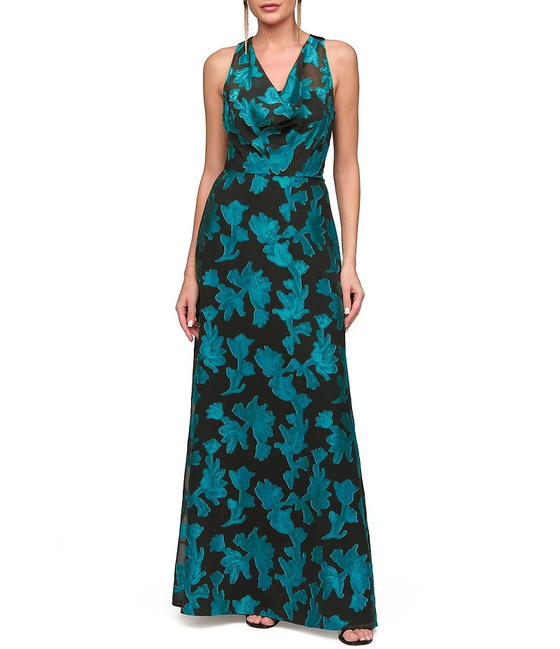 JS Collections Melba Cowl Neck Floral Chiffon Long Gown
