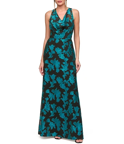 JS Collections Melba Cowl Neck Floral Chiffon Long Gown