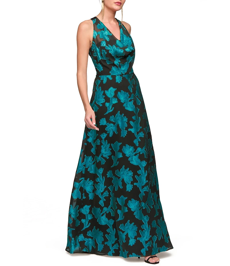 JS Collections Melba Cowl Neck Floral Chiffon Long Gown