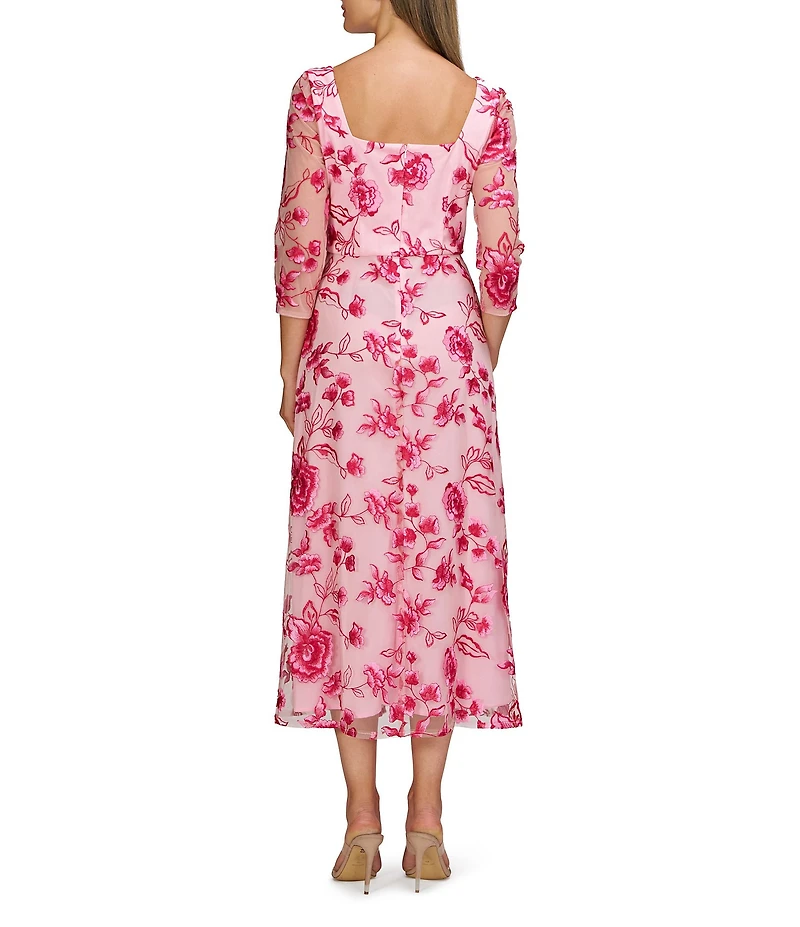 JS Collections Nadine Illusion V-Neck 3/4 Sleeves Floral Embroidered Mesh A-Line Tea Length Dress