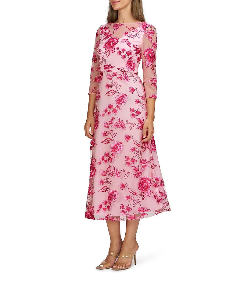 JS Collections Nadine Illusion V-Neck 3/4 Sleeves Floral Embroidered Mesh A-Line Tea Length Dress