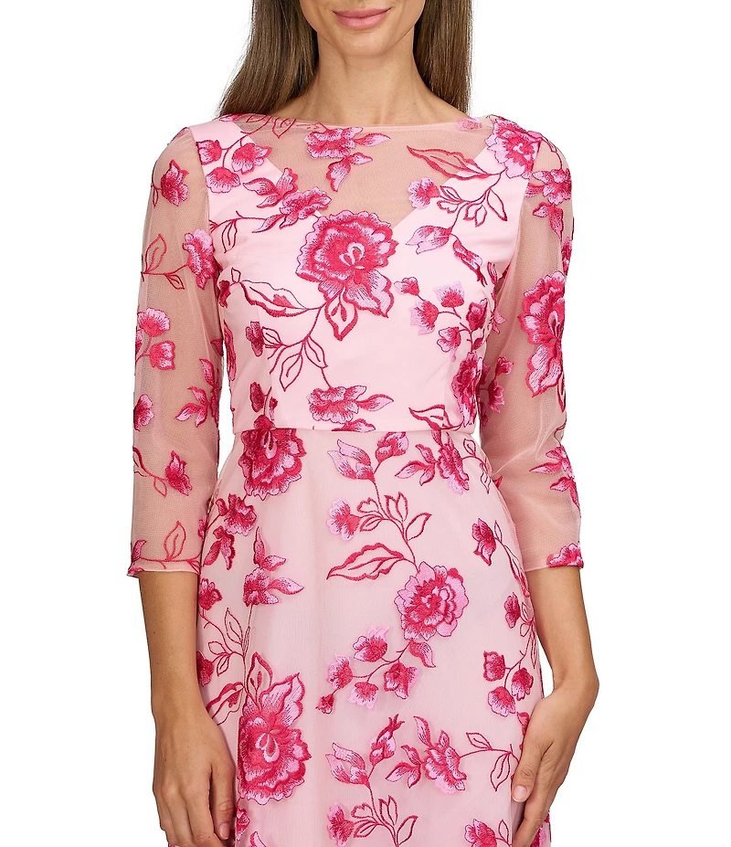 JS Collections Nadine Illusion V-Neck 3/4 Sleeves Floral Embroidered Mesh A-Line Tea Length Dress