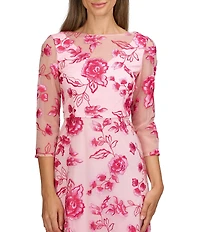 JS Collections Nadine Illusion V-Neck 3/4 Sleeves Floral Embroidered Mesh A-Line Tea Length Dress