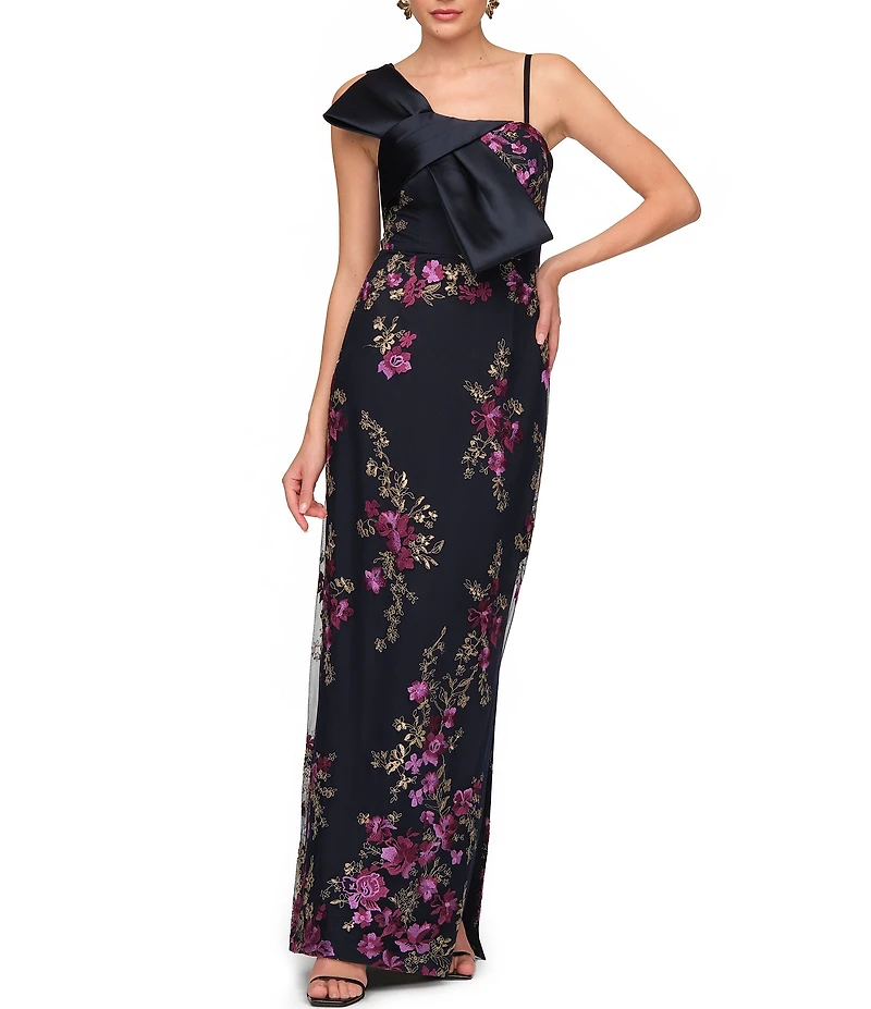 JS Collections Piper Bow Embroidered Floor Length Column Gown With Bow