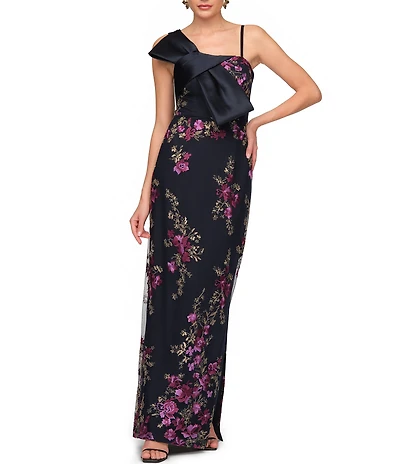 JS Collections Piper Bow Embroidered Floor Length Column Gown With Bow