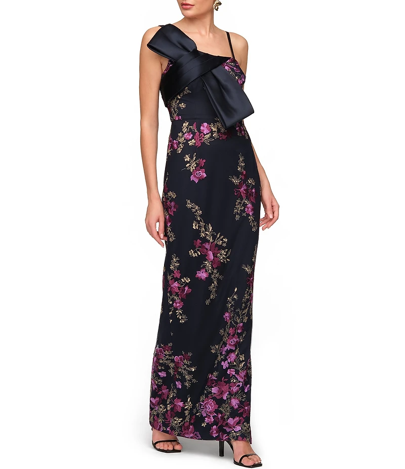 JS Collections Piper Bow Embroidered Floor Length Column Gown With Bow