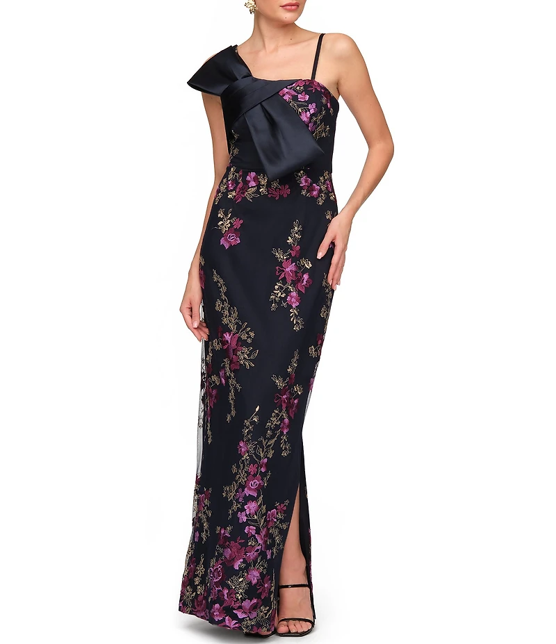 JS Collections Piper Bow Embroidered Floor Length Column Gown With Bow